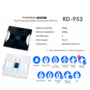 Tanita RD-953 kroppsanalysvåg svart med Bluetooth, fett, muskel, ben, vatten, 200kg/0,05kg